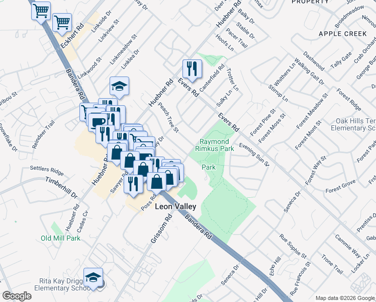 map of restaurants, bars, coffee shops, grocery stores, and more near 6603 Cherryleaf Street in San Antonio