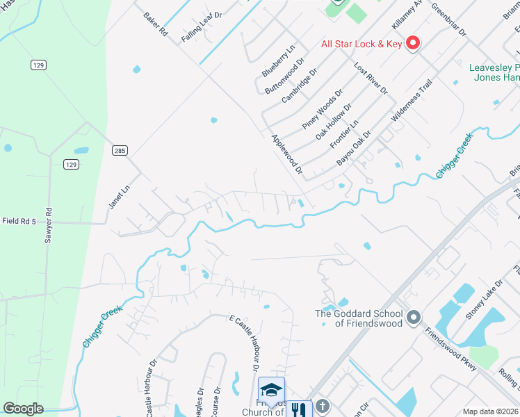 map of restaurants, bars, coffee shops, grocery stores, and more near 31 Wilderness Trail in Friendswood