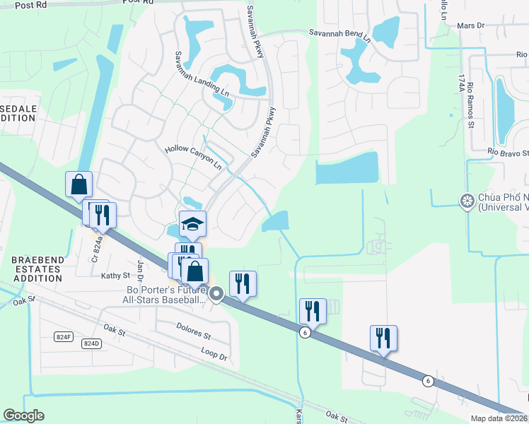 map of restaurants, bars, coffee shops, grocery stores, and more near 5713 Meadow Breeze Lane in Rosharon