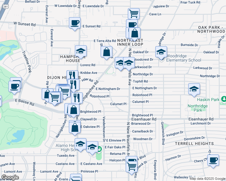 map of restaurants, bars, coffee shops, grocery stores, and more near 306 E Nottingham Dr in San Antonio