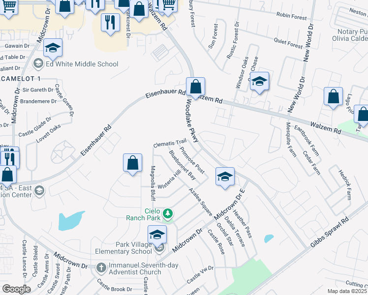 map of restaurants, bars, coffee shops, grocery stores, and more near 7422 Primrose Post in San Antonio