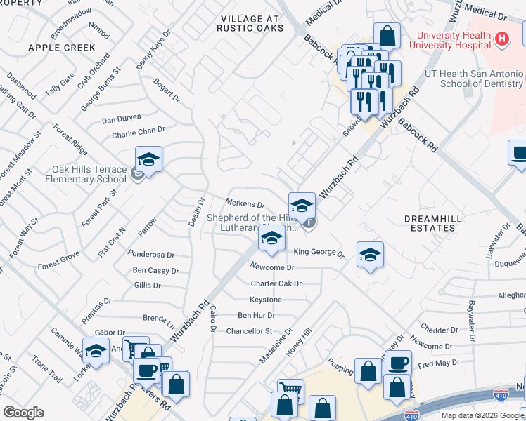 map of restaurants, bars, coffee shops, grocery stores, and more near 5518 Merkens Drive in San Antonio