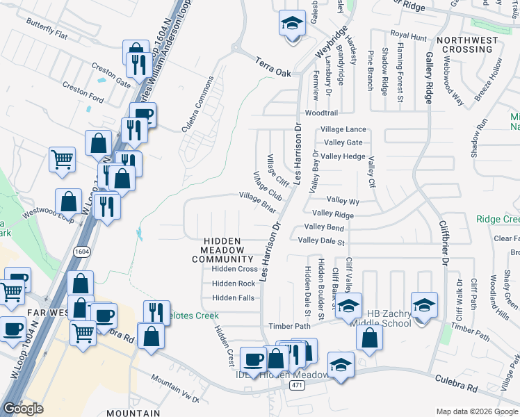 map of restaurants, bars, coffee shops, grocery stores, and more near 6204 Village Point in San Antonio