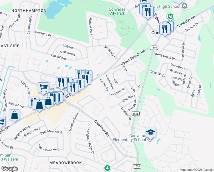 map of restaurants, bars, coffee shops, grocery stores, and more near 7232 Colina Way in Converse