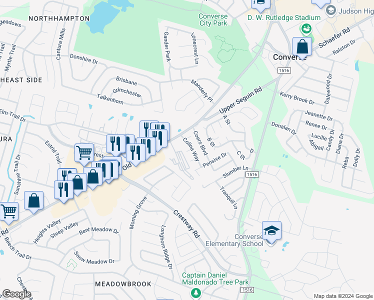 map of restaurants, bars, coffee shops, grocery stores, and more near 8705 Vista De Nubes in Converse