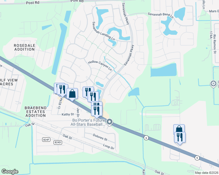 map of restaurants, bars, coffee shops, grocery stores, and more near 5736 Montclair Hill Lane in Rosharon