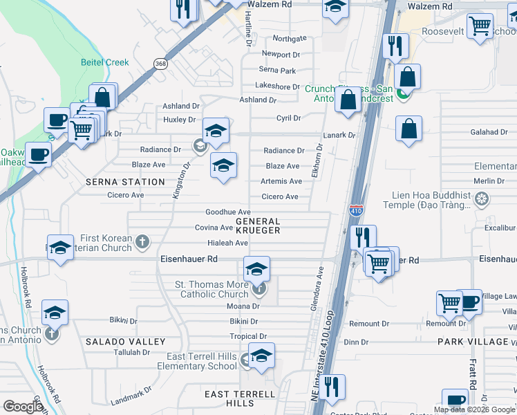 map of restaurants, bars, coffee shops, grocery stores, and more near 311 Goodhue Avenue in San Antonio