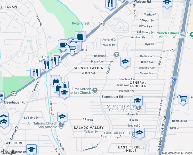 map of restaurants, bars, coffee shops, grocery stores, and more near 123 Goodhue Avenue in San Antonio