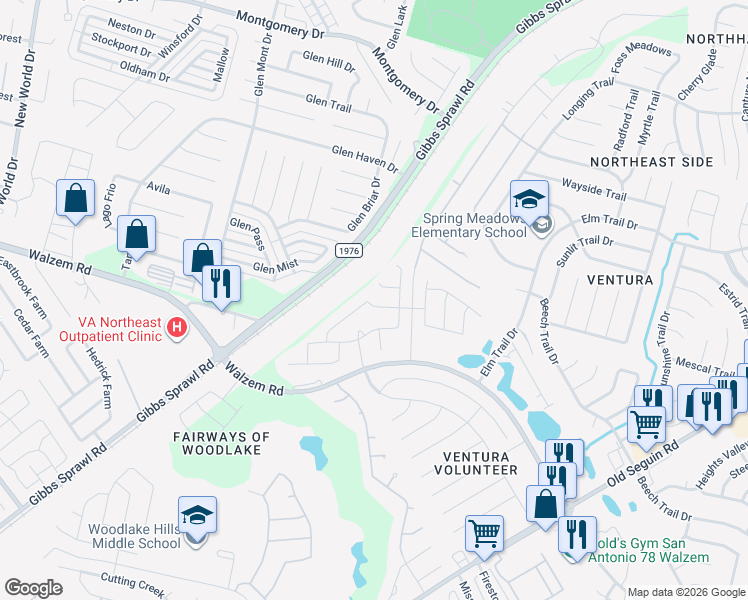 map of restaurants, bars, coffee shops, grocery stores, and more near 7370 Braes Corner in San Antonio