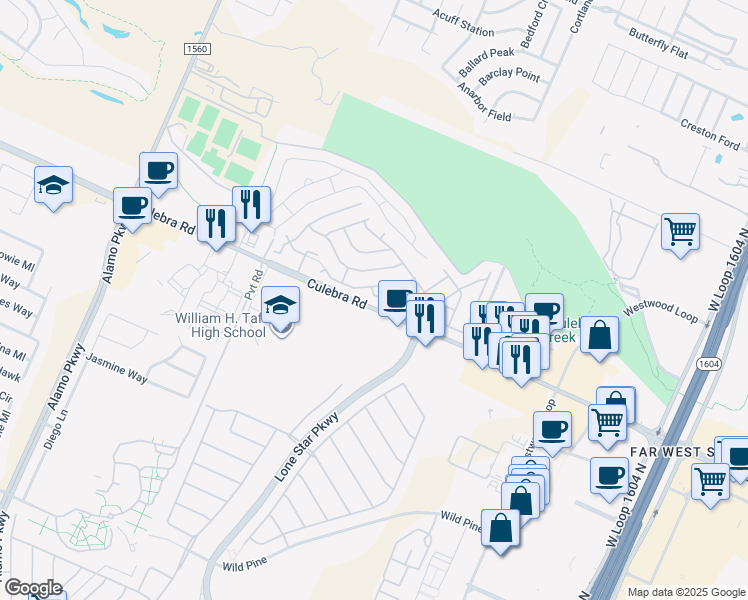 map of restaurants, bars, coffee shops, grocery stores, and more near 11550 Farm to Market Road 471 in San Antonio