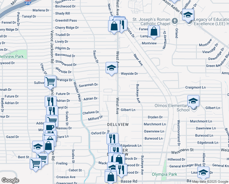 map of restaurants, bars, coffee shops, grocery stores, and more near in San Antonio