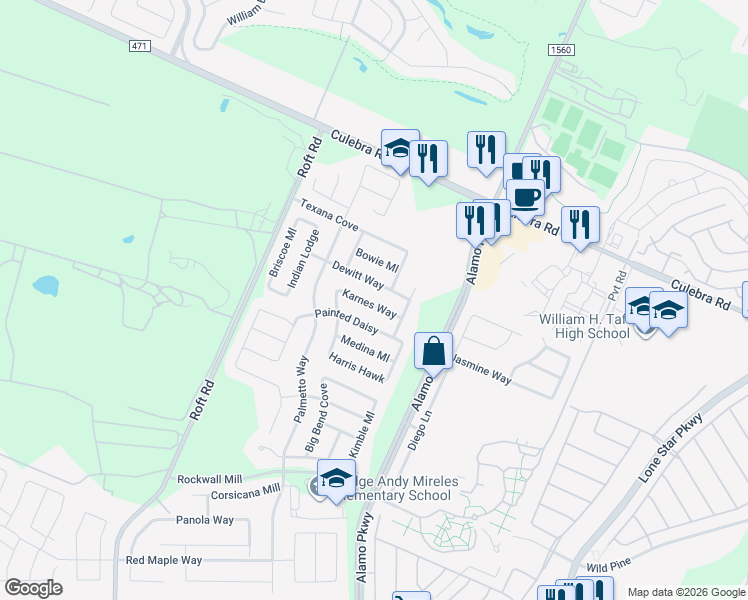 map of restaurants, bars, coffee shops, grocery stores, and more near 12139 Karnes Way in San Antonio