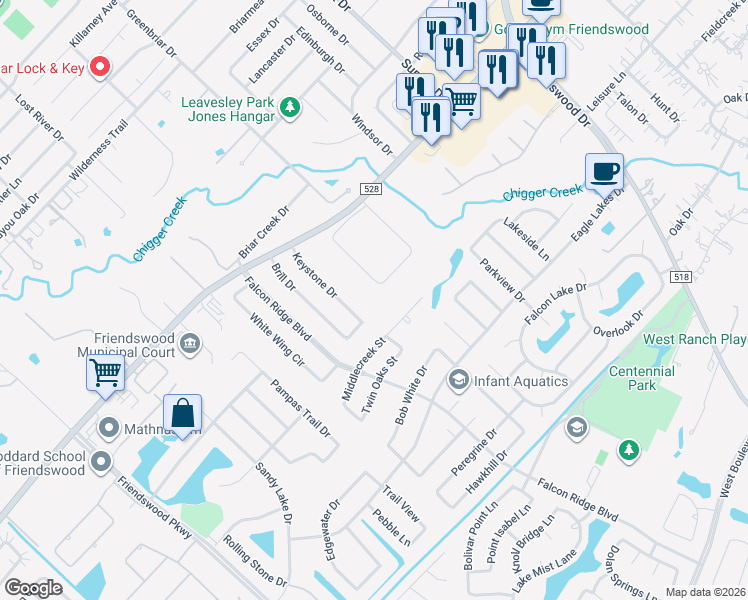 map of restaurants, bars, coffee shops, grocery stores, and more near 1713 Keystone Drive in Friendswood