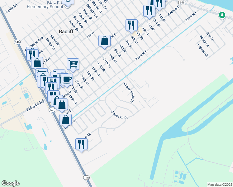 map of restaurants, bars, coffee shops, grocery stores, and more near 4811 Chase Wick Drive in Bacliff