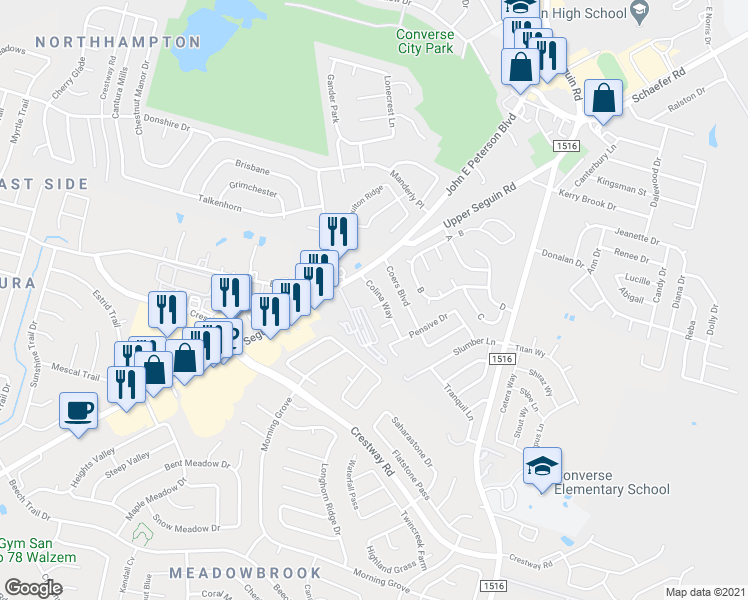 map of restaurants, bars, coffee shops, grocery stores, and more near 8702 Vista De Nubes in Converse