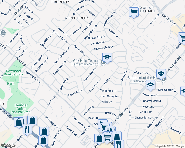 map of restaurants, bars, coffee shops, grocery stores, and more near 6922 Forest Grove in San Antonio