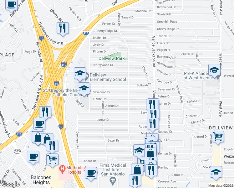 map of restaurants, bars, coffee shops, grocery stores, and more near 430 Savannah Drive in San Antonio
