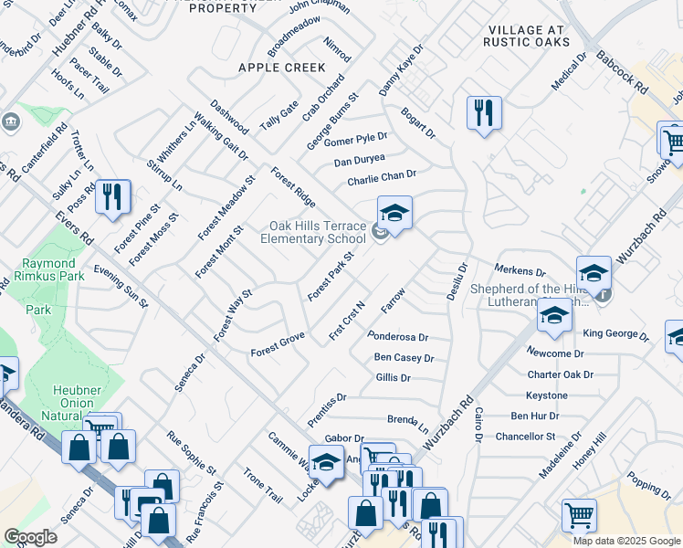 map of restaurants, bars, coffee shops, grocery stores, and more near 6922 Forest Grove in San Antonio