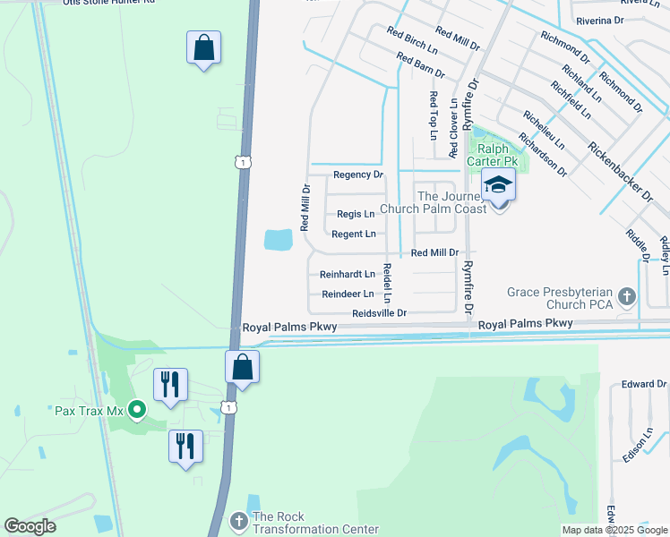 map of restaurants, bars, coffee shops, grocery stores, and more near 13 Reinhardt Lane in Palm Coast