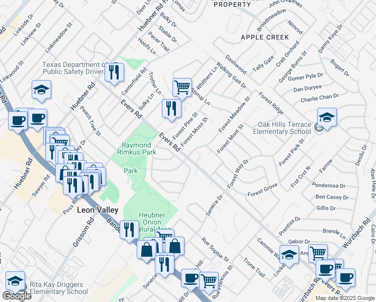 map of restaurants, bars, coffee shops, grocery stores, and more near 7003 Evening Sun Street in San Antonio