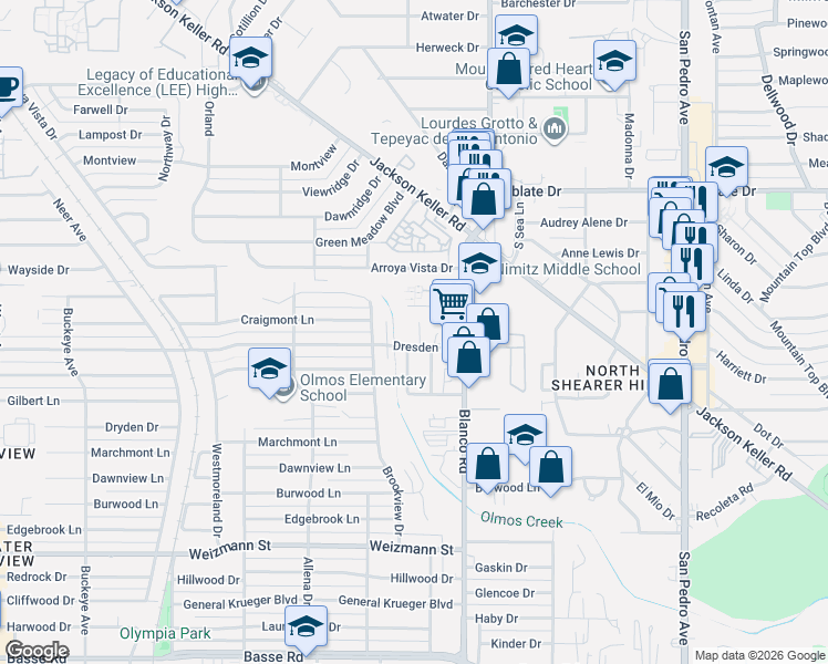 map of restaurants, bars, coffee shops, grocery stores, and more near 7231 Scotland Drive in San Antonio