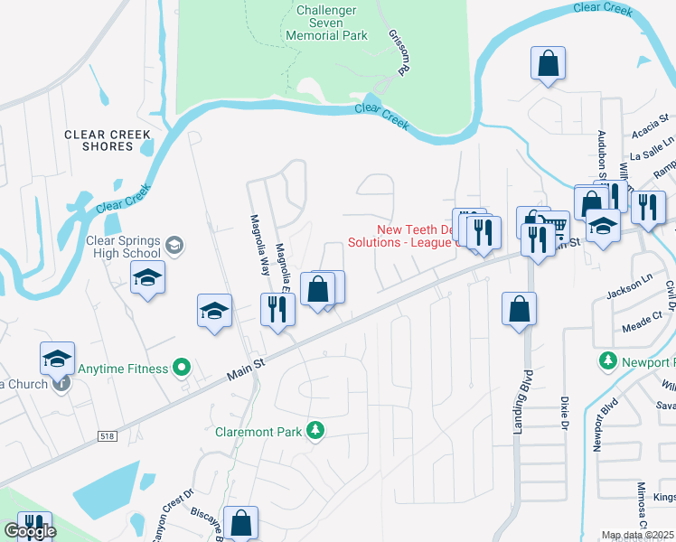 map of restaurants, bars, coffee shops, grocery stores, and more near 164 Greenridge Circle in League City