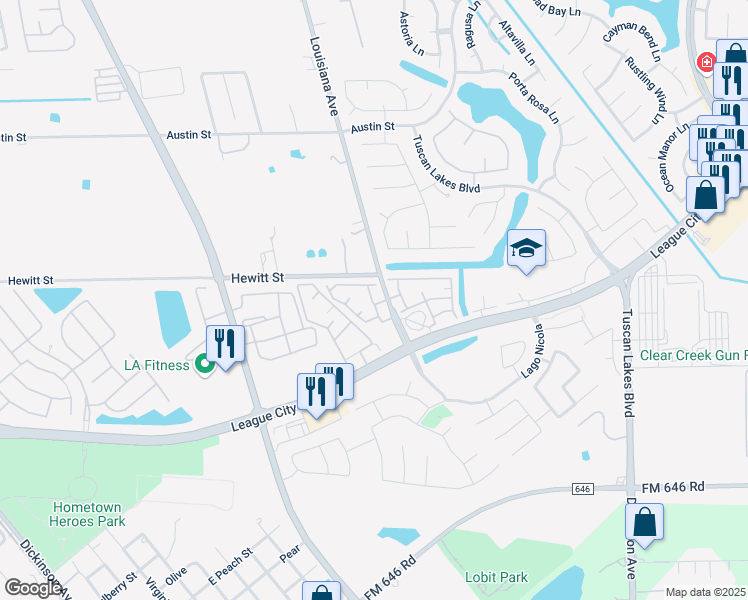 map of restaurants, bars, coffee shops, grocery stores, and more near 1455 Louisiana Avenue in League City