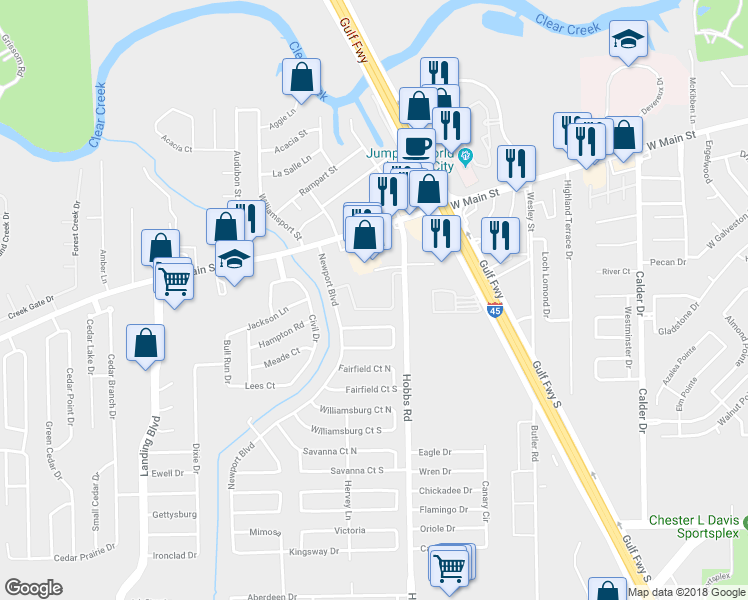 map of restaurants, bars, coffee shops, grocery stores, and more near 305 Hobbs Road in League City