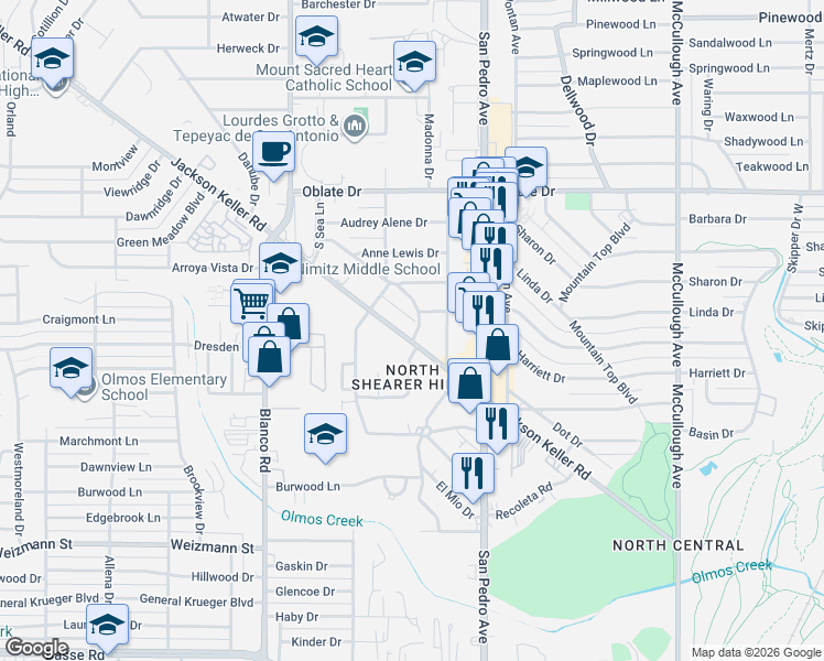 map of restaurants, bars, coffee shops, grocery stores, and more near 600 Jackson Keller Road in San Antonio