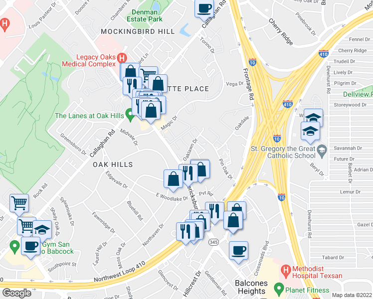 map of restaurants, bars, coffee shops, grocery stores, and more near 7106 Oaklawn Drive in San Antonio