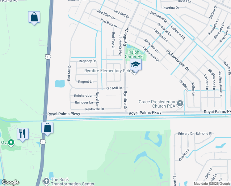 map of restaurants, bars, coffee shops, grocery stores, and more near 6 Reid Place in Palm Coast