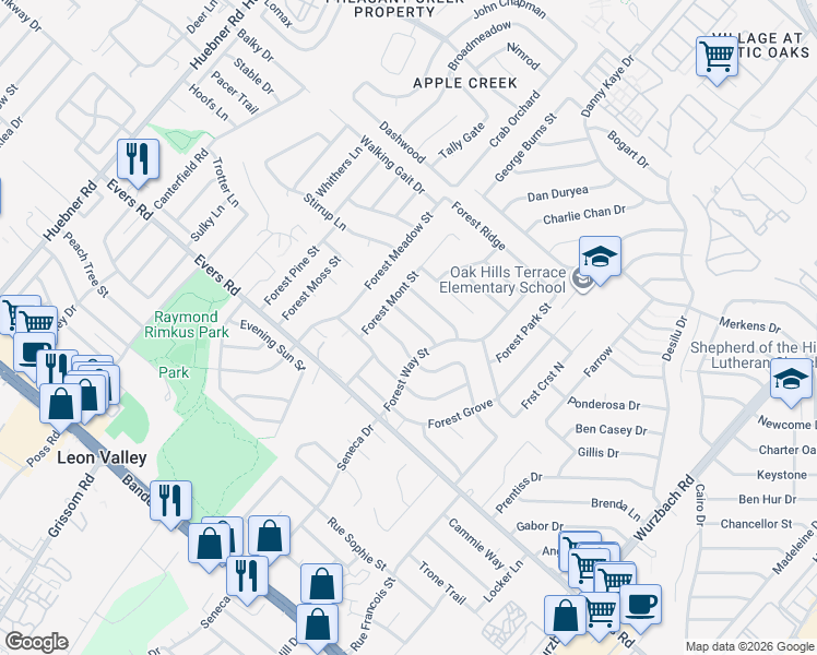 map of restaurants, bars, coffee shops, grocery stores, and more near 6315 Forest Bend in San Antonio
