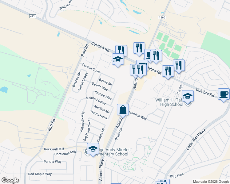 map of restaurants, bars, coffee shops, grocery stores, and more near 6703 Bowie Circle in San Antonio