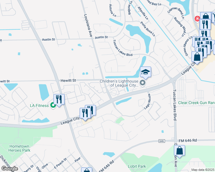 map of restaurants, bars, coffee shops, grocery stores, and more near 1455 Louisiana Avenue in League City