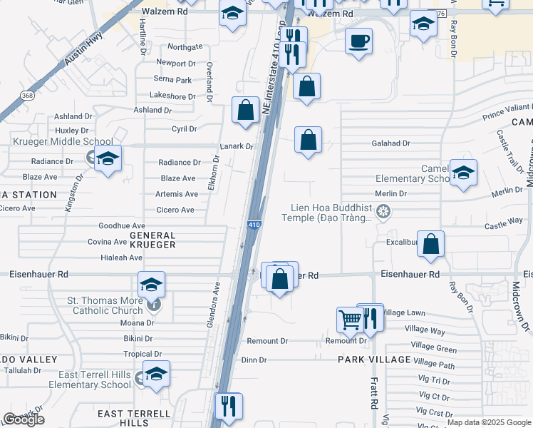 map of restaurants, bars, coffee shops, grocery stores, and more near 7200 Northeast Interstate 410 Loop in San Antonio