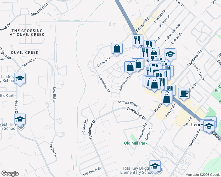 map of restaurants, bars, coffee shops, grocery stores, and more near 6766 Ambling Street in San Antonio