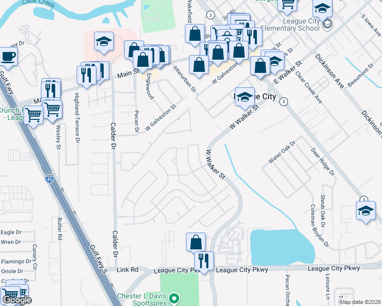 map of restaurants, bars, coffee shops, grocery stores, and more near 303 Willow Pointe Drive in League City
