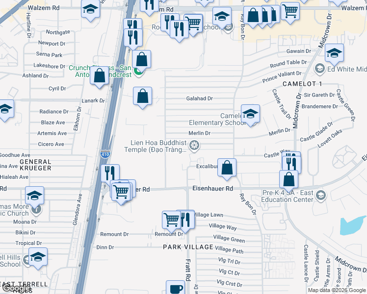 map of restaurants, bars, coffee shops, grocery stores, and more near 5043 Excalibur in Windcrest