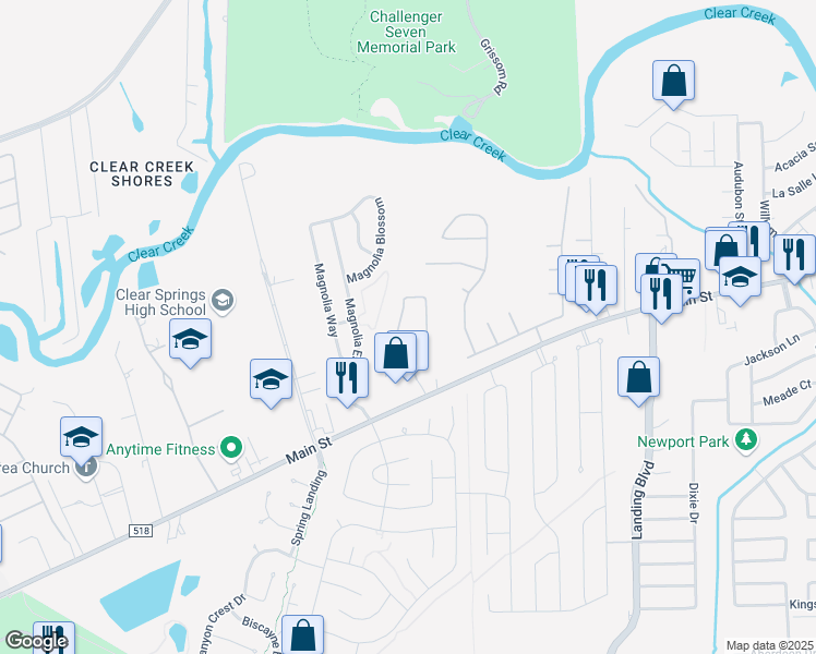 map of restaurants, bars, coffee shops, grocery stores, and more near 156 Greenridge Circle in League City