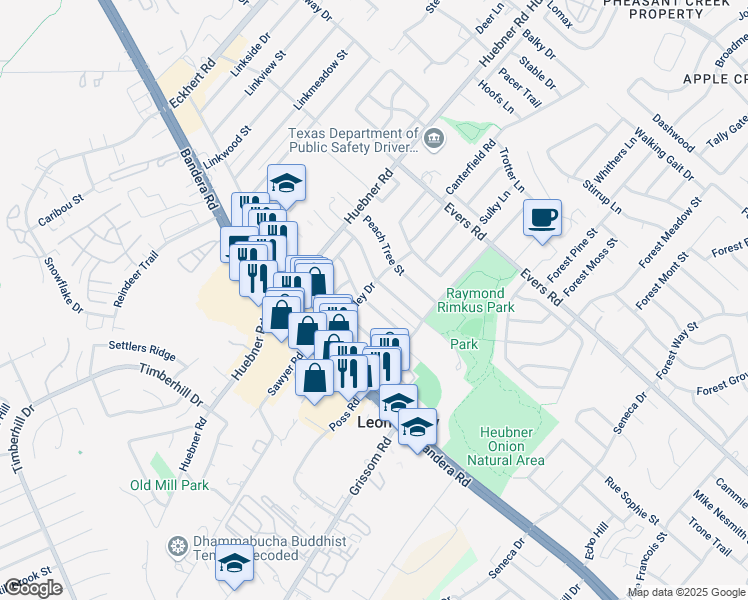map of restaurants, bars, coffee shops, grocery stores, and more near 6607 Cloverbend Street in San Antonio