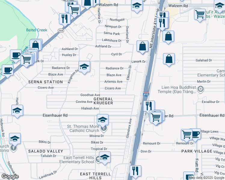 map of restaurants, bars, coffee shops, grocery stores, and more near 342 Goodhue Avenue in San Antonio