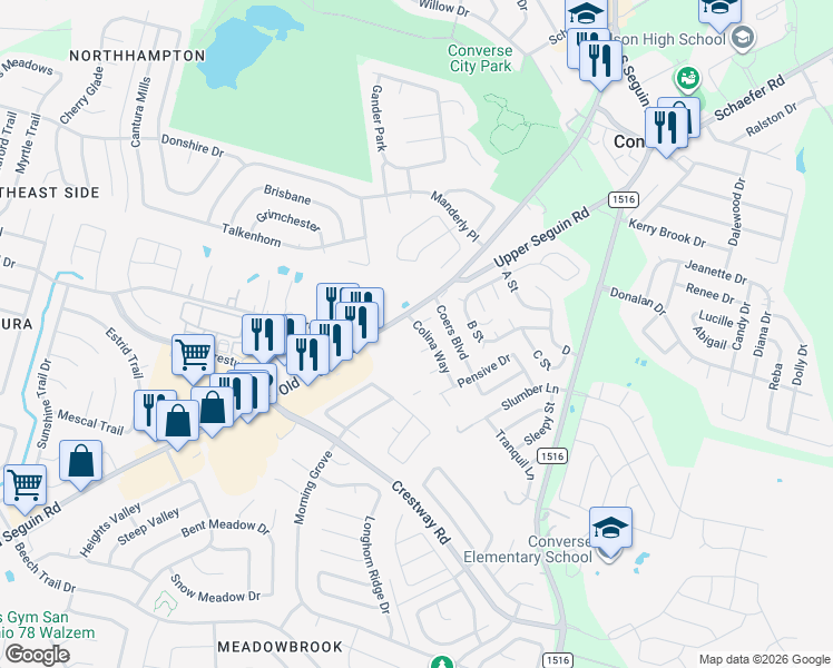 map of restaurants, bars, coffee shops, grocery stores, and more near 8802 Seguin Road in Converse