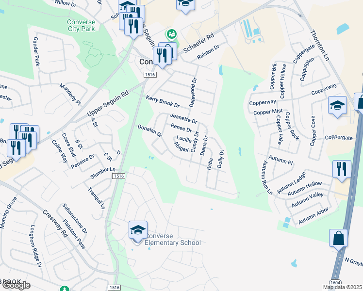 map of restaurants, bars, coffee shops, grocery stores, and more near 335 Lucille in Converse