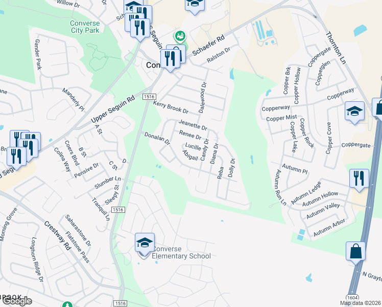 map of restaurants, bars, coffee shops, grocery stores, and more near 335 Lucille in Converse