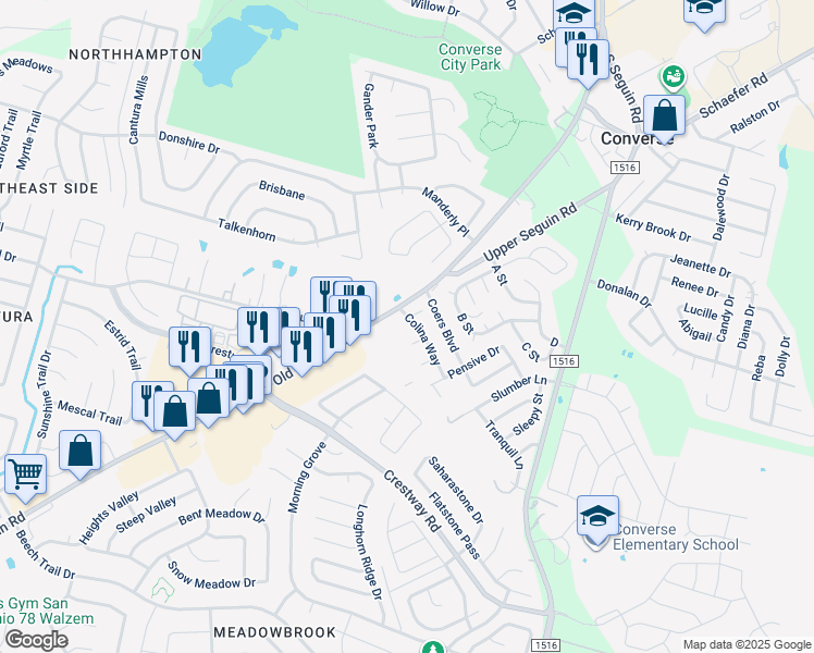 map of restaurants, bars, coffee shops, grocery stores, and more near 8802 Seguin Road in Converse