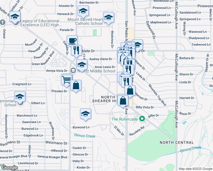map of restaurants, bars, coffee shops, grocery stores, and more near 121 Shearer Hills Drive in San Antonio
