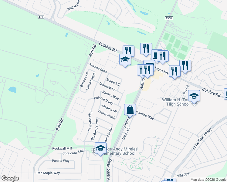 map of restaurants, bars, coffee shops, grocery stores, and more near 12118 Bowie Mill in San Antonio