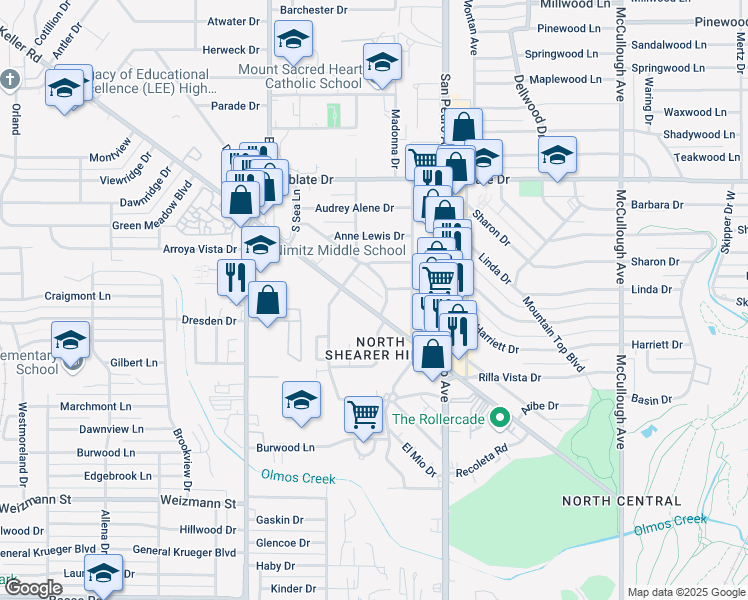 map of restaurants, bars, coffee shops, grocery stores, and more near 121 Shearer Hills Drive in San Antonio