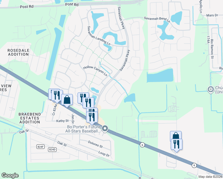 map of restaurants, bars, coffee shops, grocery stores, and more near 5708 Montclair Hill Lane in Rosharon