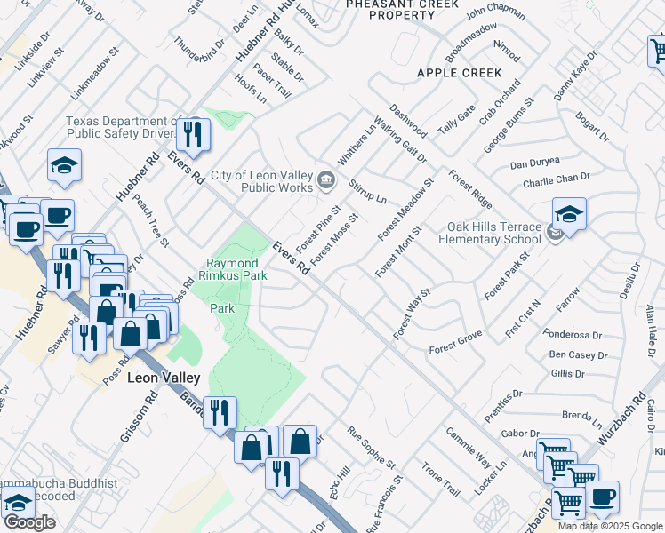 map of restaurants, bars, coffee shops, grocery stores, and more near 6200 Forest Circle in San Antonio